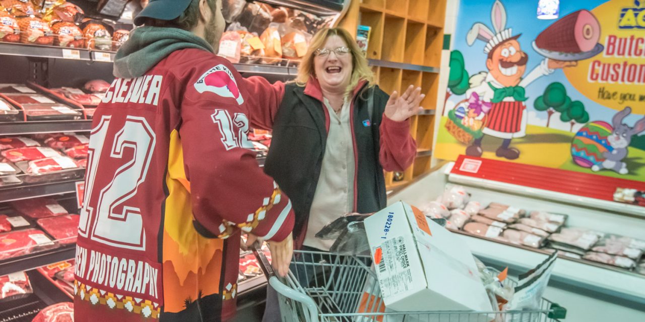 No tofu for AG Foods shopping spree winner Cathy Portmann, who sends Coyote Austin Cleaver to the meats