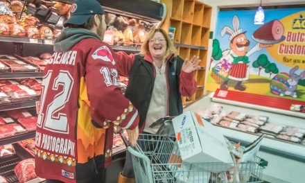No tofu for AG Foods shopping spree winner Cathy Portmann, who sends Coyote Austin Cleaver to the meats