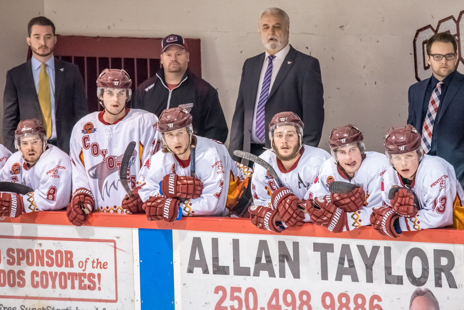 Coach Ken Law, back, third from left, kept back a number of his best players in the final game of the regular season, giving others a chance to play. The 3-1 win over Kelowna didn't count for anything other than statistics. (Richard McGuire photo)