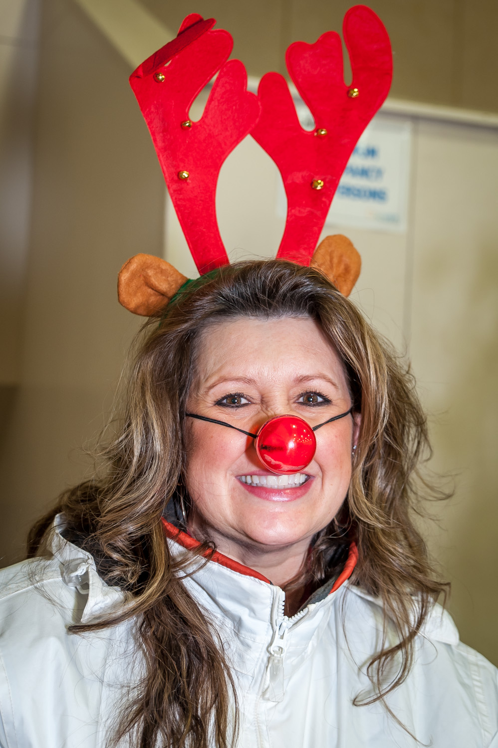 Sonia Rezka had a very shiny nose which lit up like Rudolph's. She was one of those attending Santa's Night Out, a fundraiser for the high school's dry grad held Friday evening at the Sonora Community Centre. (Richard McGuire photo)
