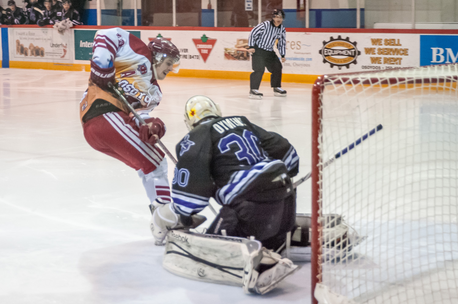 Troy Maclise is one of the Coyotes' top players and he was working hard Saturday night against North Okanagan. At least five times he broke loose to face down goalie Zach Dyment, but he never managed to score. He did, however, pick up three assists. (Richard McGuire photo)