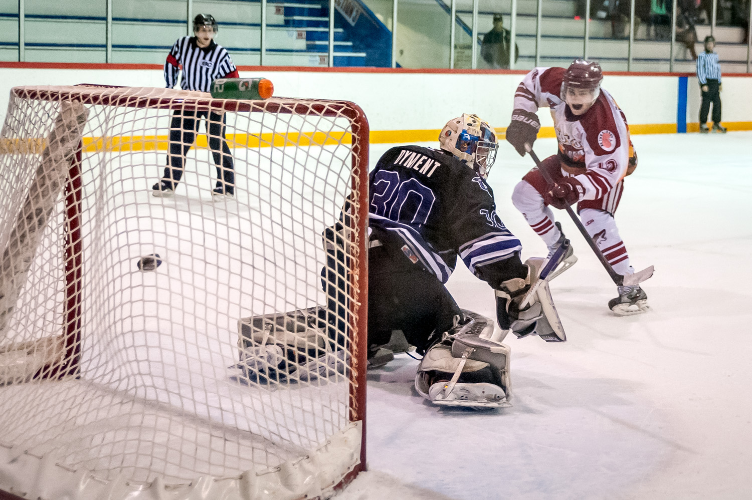 Aaron Azevedo seemed to be trying to psych out North Okanagan Knights goalie Zach Dyment when he scored on a breakaway in the second period of overtime Saturday night. The Coyotes came back from behind to win the game 4-3. (Richard McGuire photo)