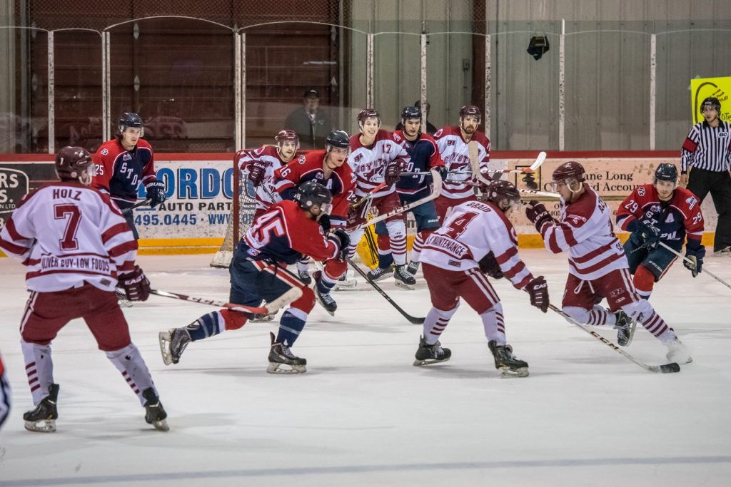 With six attackers and their goalie pulled, the Osoyoos Coyotes turned up the heat in the final minute of the game, but failed to score. (Richard McGuire photo)
