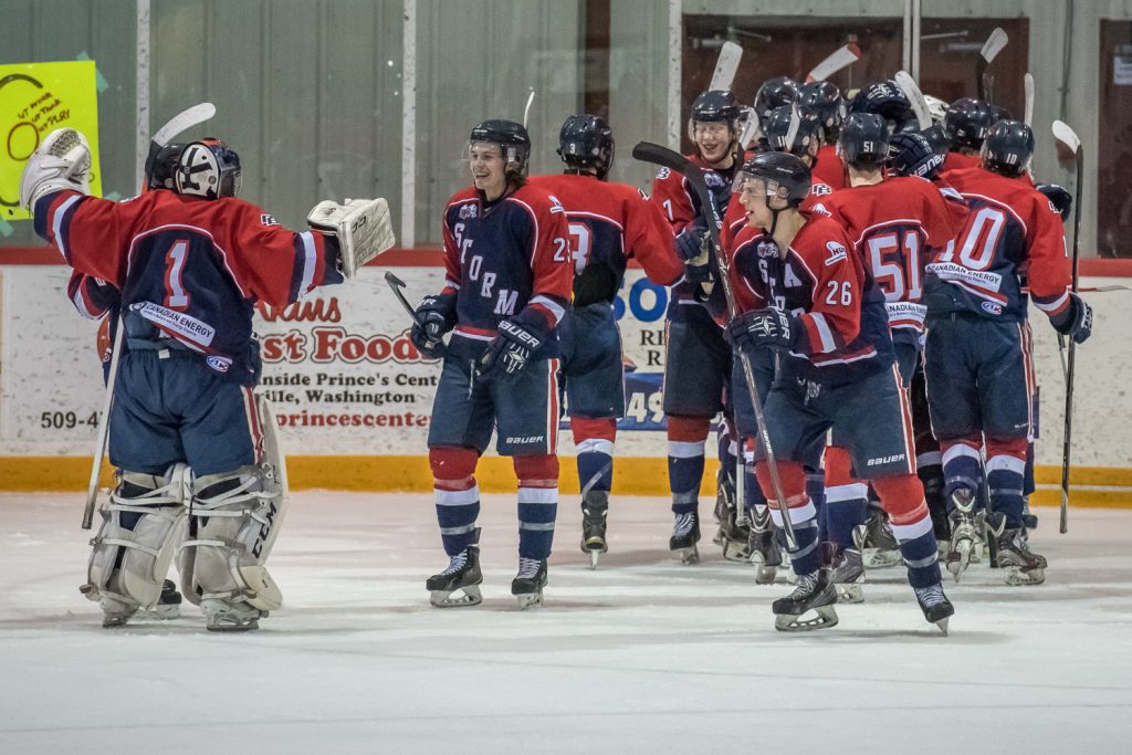 Seconds after the final buzzer, Kamloops Storm players gathered to celebrate their victory. (Richard McGuire photo)