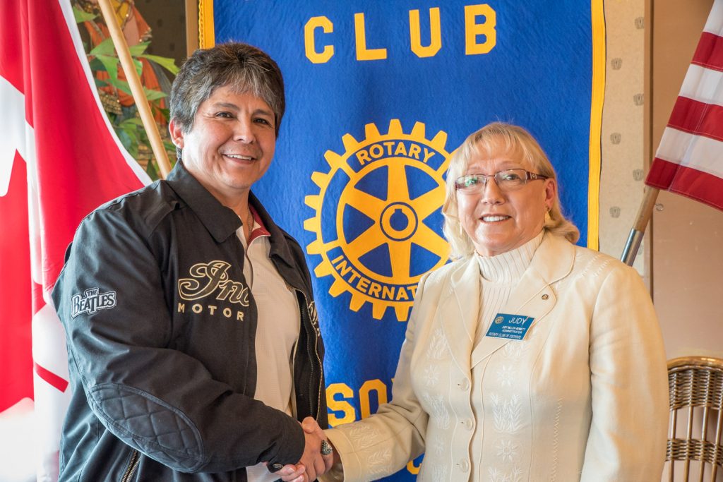Osoyoos Indian Band Chief Clarence Louie had some strong and candid views about relations between aboriginal and non-aboriginal people that he expressed last week in the speech to the Rotary Club of Osoyoos. He was thanked by club president Judy Miller-Bennett, who said his comments were ones that needed to be heard. (Richard McGuire photo)