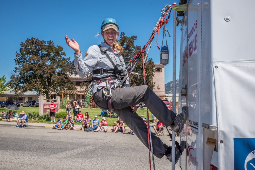 Oliver Osoyoos Search and Rescule had a unique float with a member rappelling from the back of a truck. (Richard McGuire photo)