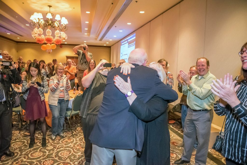 Richard Cannings, the new NDP MP for South Okanagan-West Kootenay greets supporters as he enters a conference room at the Penticton Lakeside Resort, Hotel and Convention Centre. (Richard McGuire photo)
