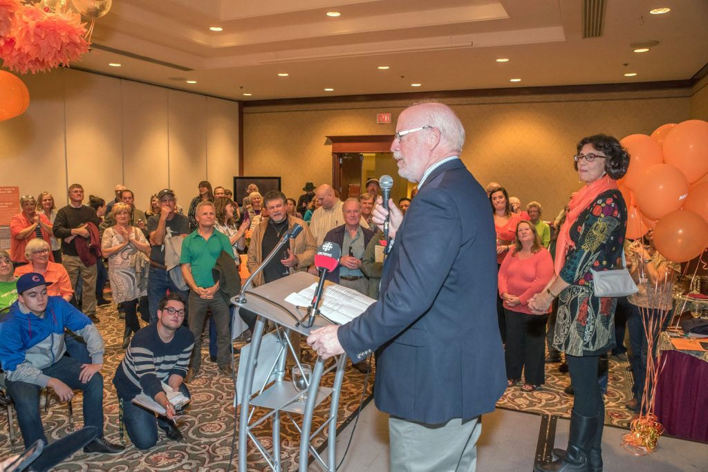 Richard Cannings speaks to supporters, thanking the many volunteers who helped him on his winning campaign to be the new NDP MP for South Okanagan-West Kootenay. (Richard McGuire photo)