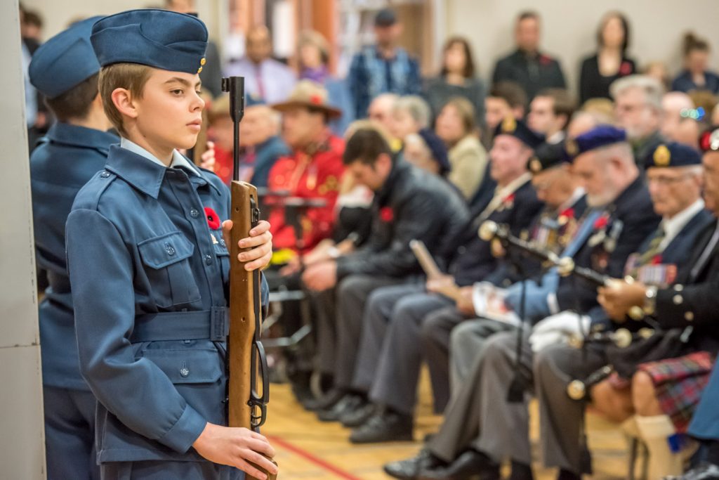 Cadets stand at attention at the front of the gym as the Remembrance Day service begins at the Sonora Community Centre. (Richard McGuire photo)