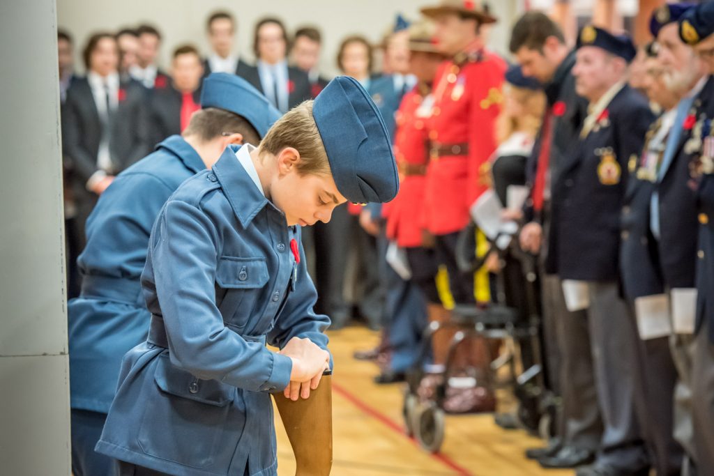 Cadets bow their heads at the front of the gym as the Remembrance Day service begins at the Sonora Community Centre. (Richard McGuire photo)