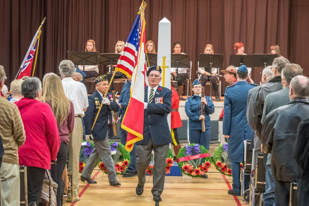 The colour party marches out at the conclusion of Wednesday's Remembrance Day service at the Sonora Community Centre. (Richard McGuire photo)