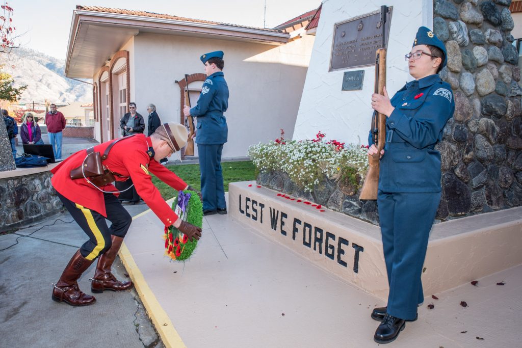 An abbreviated Remembrance Day service was held for a smaller group at the cenotaph after the main service at the Sonora Community centre. Here the RCMP lay a wreath on behalf of the Queen. (Richard McGuire photo)