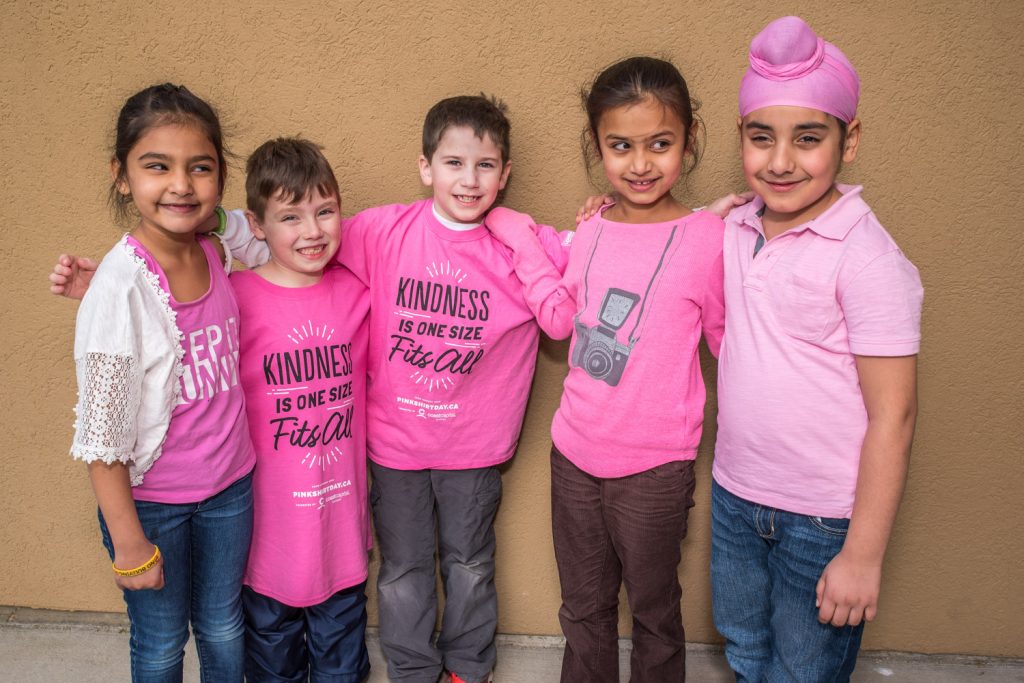 Children throughout Osoyoos Elementary School wore pink shirts on Wednesday to send a message that bullying is not acceptable. Many at Osoyoos Secondary School also wore pink. From left are Sukhmani Sran, Nohl Dragseth, Joel Parker, Riya Brar and Tejpartap Sandhu. (Richard McGuire photo)