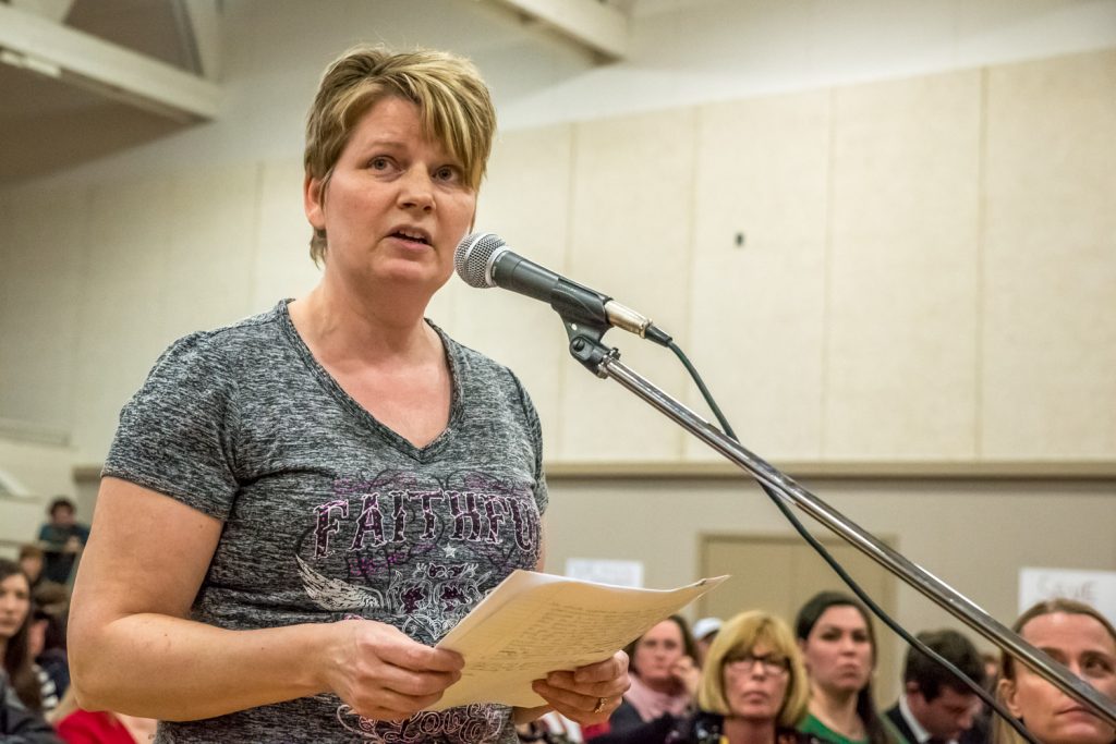 Hester Brunner received a standing ovation for her argument that declining enrolment is a district problem and not an Osoyoos problem. (Richard McGuire photo)