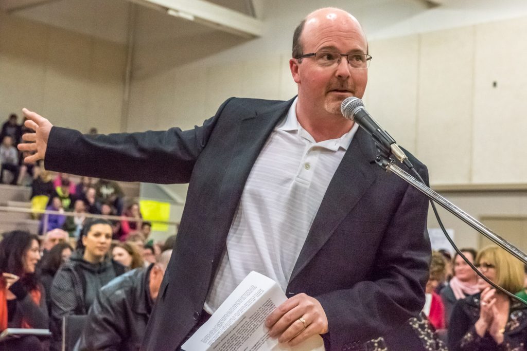 Jason Bartsch was not on the speakers' list and was only allowed to speak at the end when a boy selected by the moderator gave up his spot for him. He argued that Osoyoos is prepared to go ahead with an independent school if School District 53 closes one of the public schools. (Richard McGuire photo)