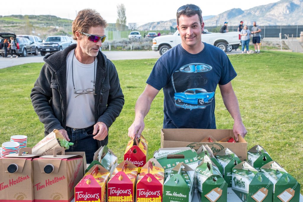 J.F. Launier (right) made a stop at Tim Hortons on the way to the school board meeting to bring snacks for those who turned out to support Osoyoos schools. (Richard McGuire photo)