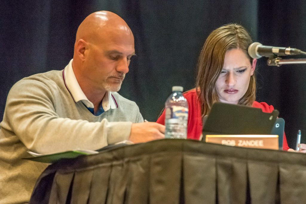 Oliver trustees Rob Zandee and Rachel Allenbrand voted to close Osoyoos Secondary School. Allenbrand expressed emotion when she spoke to her decision. (Richard McGuire photo)