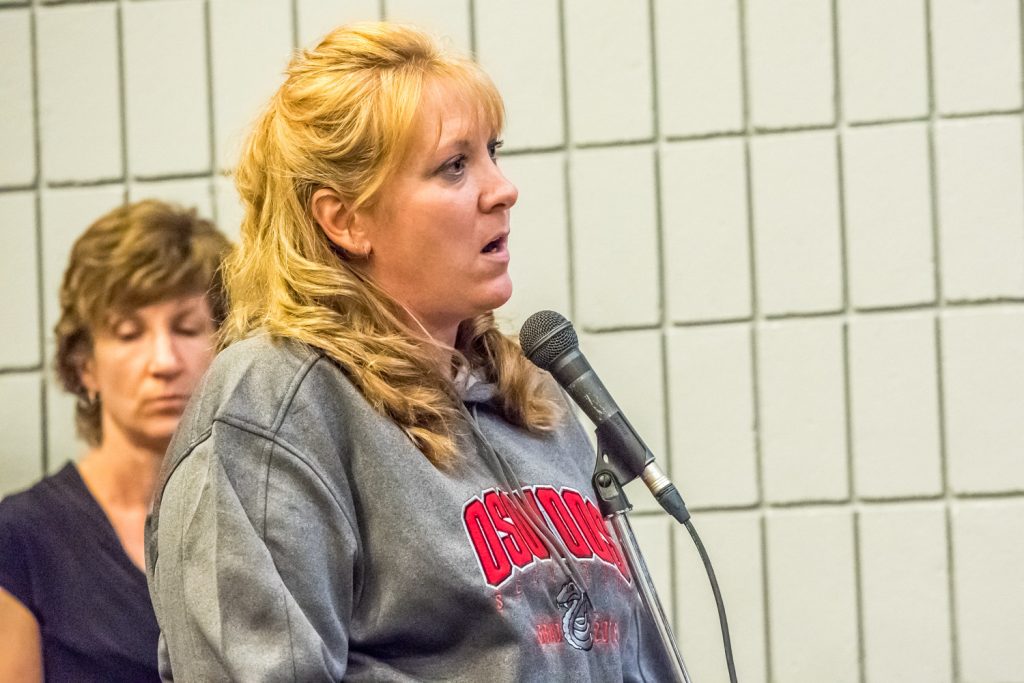 Brenda Dorosz, chair of the Save Our Schools (SOS) committee, makes a last plea to the trustees to keep Osoyoos schools open. Four out-of-town trustees voted to close Osoyoos Secondary School anyway. (Richard McGuire photo)