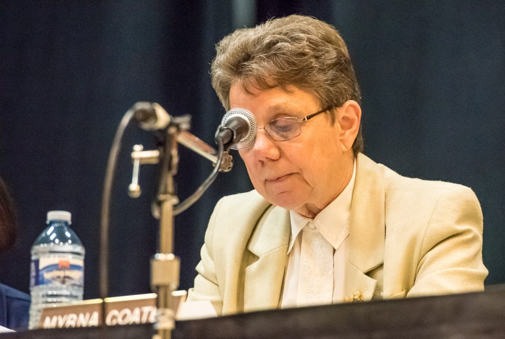Trustee Myrna Coates, of Keremeos, tried to pass a motion to delay the school closure for a year, but when it came to vote, only Trustee June Harrington, of Osoyoos, supported it. She then voted with the two Osoyoos trustees against closure, but the remaining four trustees voted to close Osoyoos Secondary School. (Richard McGuire photo)