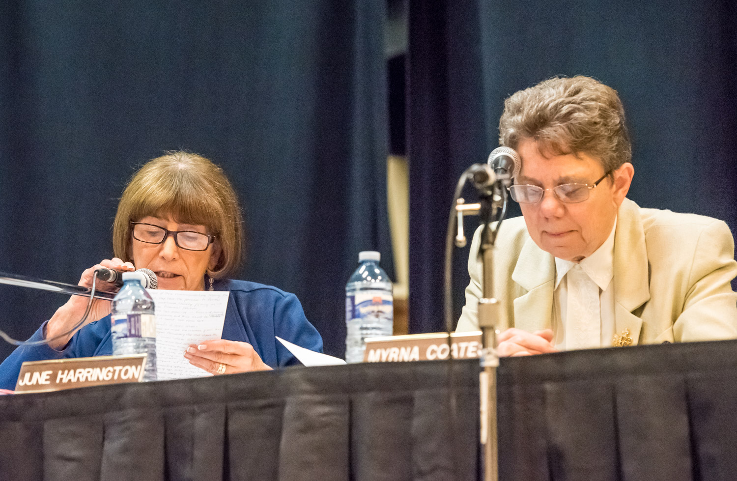 Osoyoos trustee June Harrington speaks in support of keeping Osoyoos Secondary School open. Keremeos trustee Myrna Coates won a standing ovation when she delivered emotional comments in support of keeping the schools open for another year to allow a solution to be found. (Richard McGuire photo)