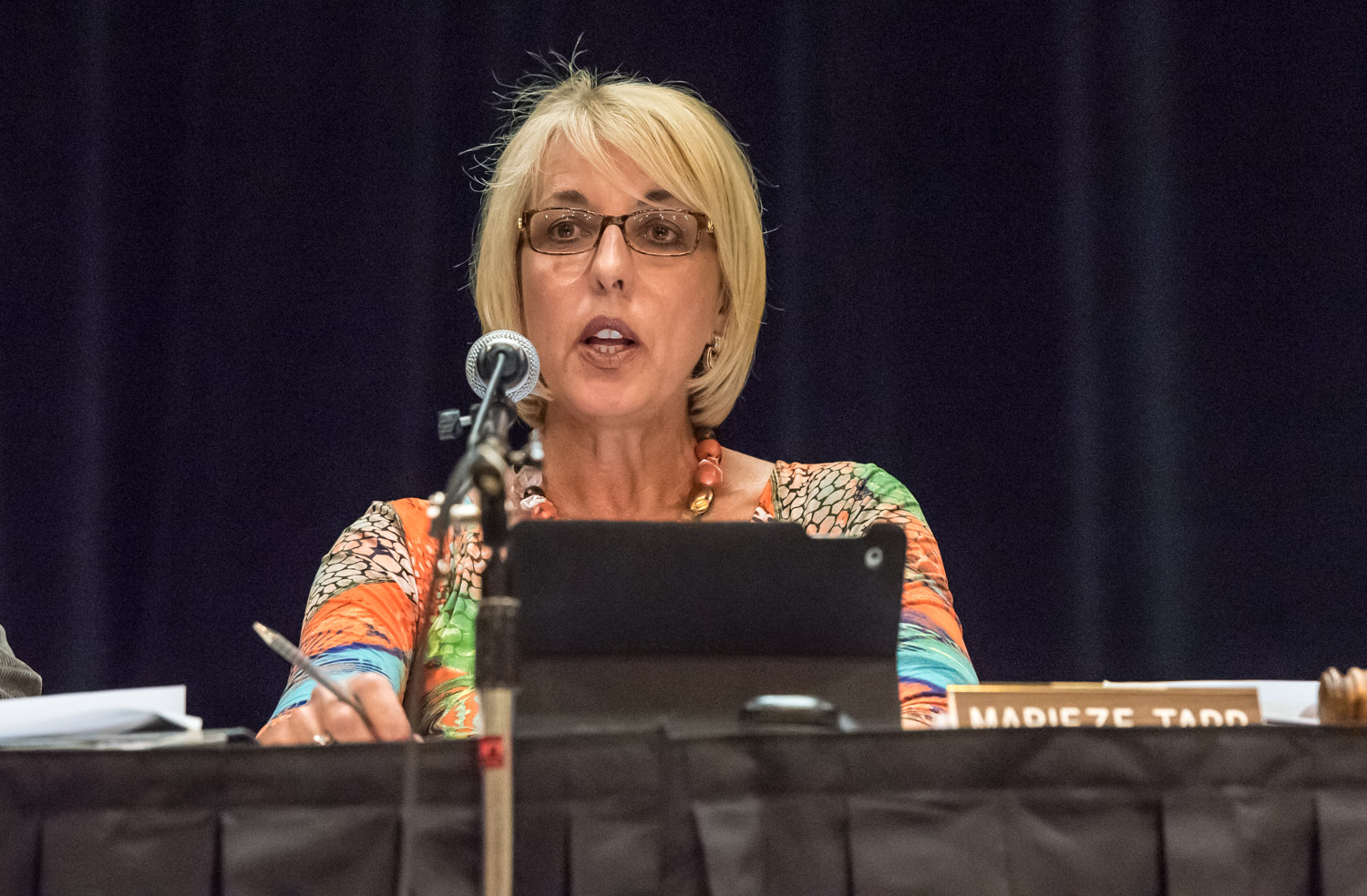 School Board Chair Marieze Tarr made a number of arguments in support of closing OSS, while expressing some misgivings about the negative impact of busing students to Oliver. In the end, she voted in support of her community, but trustees from other communities carried the 4-3 vote. (Richard McGuire photo)