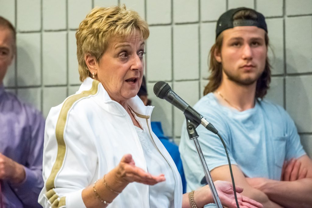 Realtor Eileen McGinn tells the trustees that people have been moving to Osoyoos from the Lower Mainland, including young families, because of high real estate prices on the coast. (Richard McGuire photo)