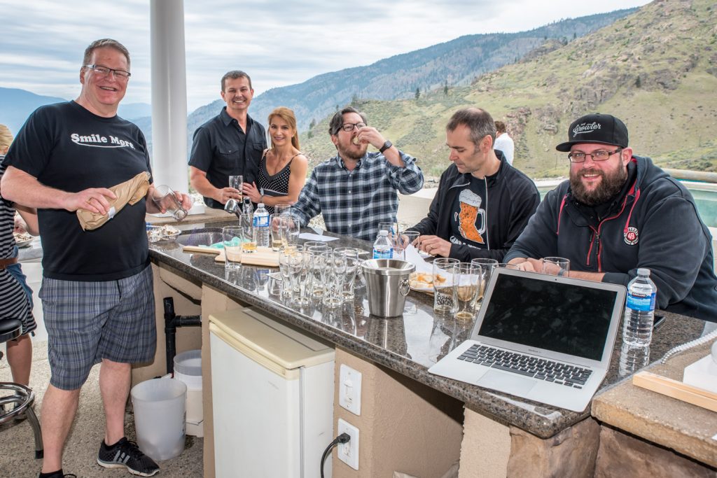 A beer, cider and wine tasting and judging event was held last Saturday at the newly opened The Lookout on the side of Anarchist Mountain. The event was organized by Destination Osoyoos in conjunction with the Osoyoos Oyster Festival. The Lookout is at the home of Rob and Kim Burk (second and third from left) and is intended as a private venue for outdoor events like wedding receptions, stag and stagette and other other social events. From left are Ken Beattie of the B.C. Craft Brewers Guild; Rob and Kin Burk; Andrew Morrison, editor of Scout Magazine in Vancouver; Warren Everton, of B.C. Tree Fruits and Okanagan Fest of Ale; and Chris Bjerrisgaard of Vancouver Craft Beer Week. Shown here they were sampling cider along with oysters. (Richard McGuire photo)