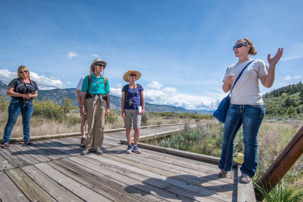 Valerie Blow (right), restoration co-ordinator at the Osoyoos Desert Centre, leads a guided tour where she talks about plants on Saturday as the centre opens for the season. Many desert plants are now in bloom, including the antelope brush behind her. (Richard McGuire photo)