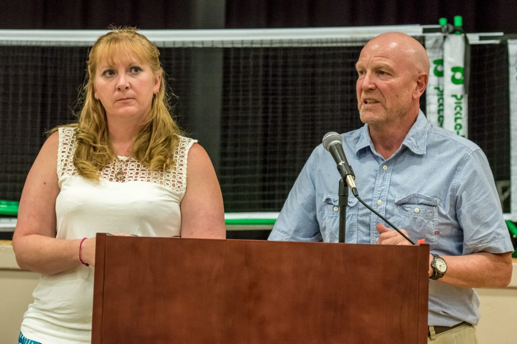 Brenda Dorosz, chair of the Osoyoos Independent School committee, and David Adamson, vice chair, answer questions from members of the community about progress being made in the efforts to establish an independent high school in Osoyoos. (Richard McGuire photo)