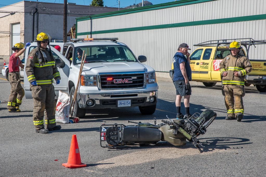 A motorcyclist was struck by a car and injured Thursday morning in downtown Osoyoos. The motorcyclist was driving on 87th Street at 78th Avenue and had the right of way. The driver of the car entered the intersection from 78th Avenue eastbound, which has a stop sign. Osoyoos RCMP and Osoyoos Fire Department responded and RCMP were investigating. The injuries were minor. (Richard McGuire photo)