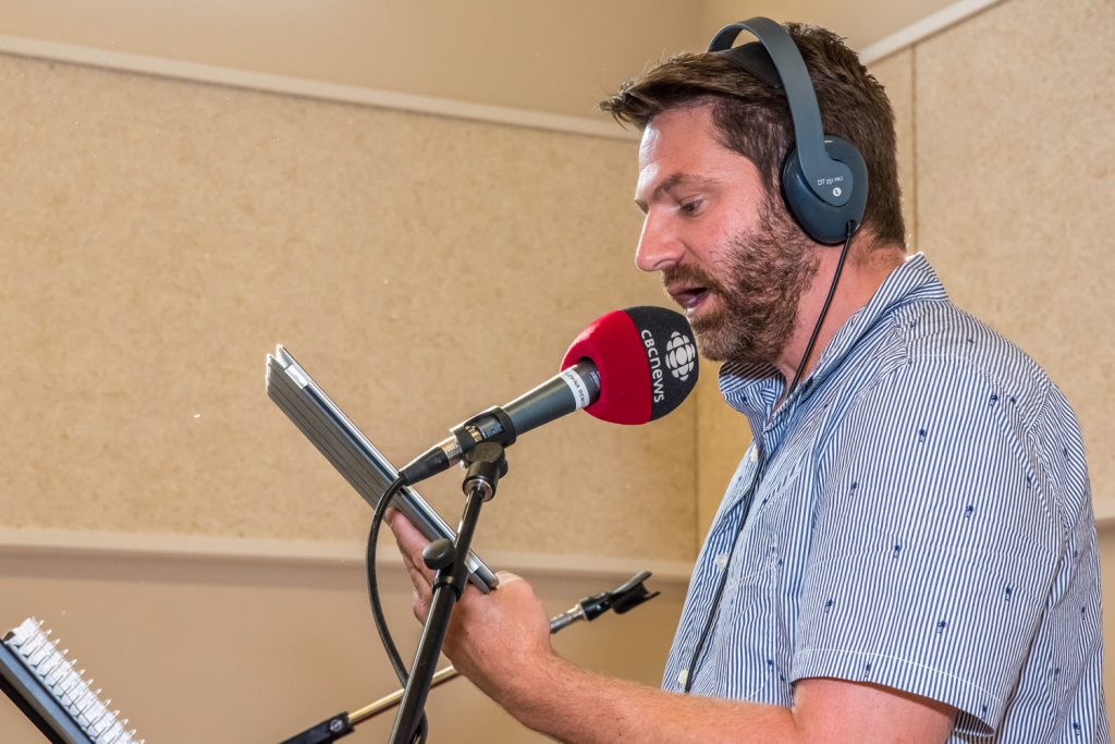 CBC Daybreak South host Chris Walker was broadcasting from the Sonora Community Centre Friday morning. The show mainly dealt with the school closure issue. (Richard McGuire photo)