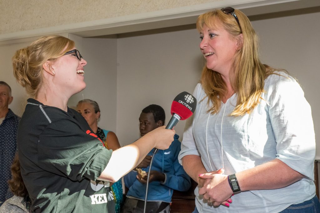 CBC Daybreak South producer Jaimie Kehler (left) interviews Brenda Dorosz, chair of the Osoyoos Independent School (OIS) committee, who fought the closure of OSS as chair of the Save Our Schools committee. (Richard McGuire photo)