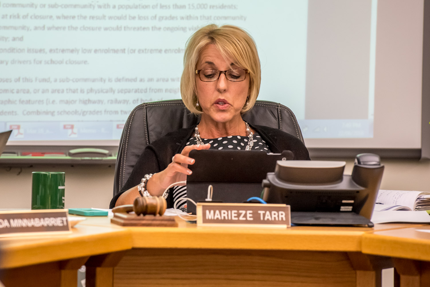 Marieze Tarr, board chair of School District 53, reviews the criteria for the board to apply for provincial funding to save Osoyoos Secondary School. (Richard McGuire photo)