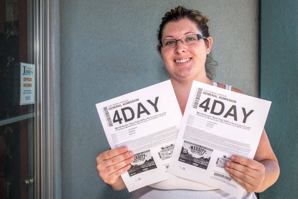 Bianca Rosin of Osoyoos was the lucky winner of two four-day passes to the Merritt Rockin' River Fest 2016 through a contest with the Osoyoos Times. The music festival runs from Thursday, July 28 to Sunday, July 31. (Richard McGuire photo)