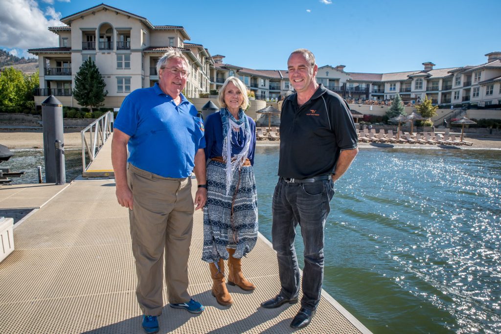 Don Brogan (right), general manager of Walnut Beach Resort, has agreed to let the Osoyoos Lake Water Quality Society dock its testing boat at the resort starting next summer. There to express appreciation were Brian Faltinson (left) and Birgit Arnstein of the OLWQS. (Richard McGuire photo)