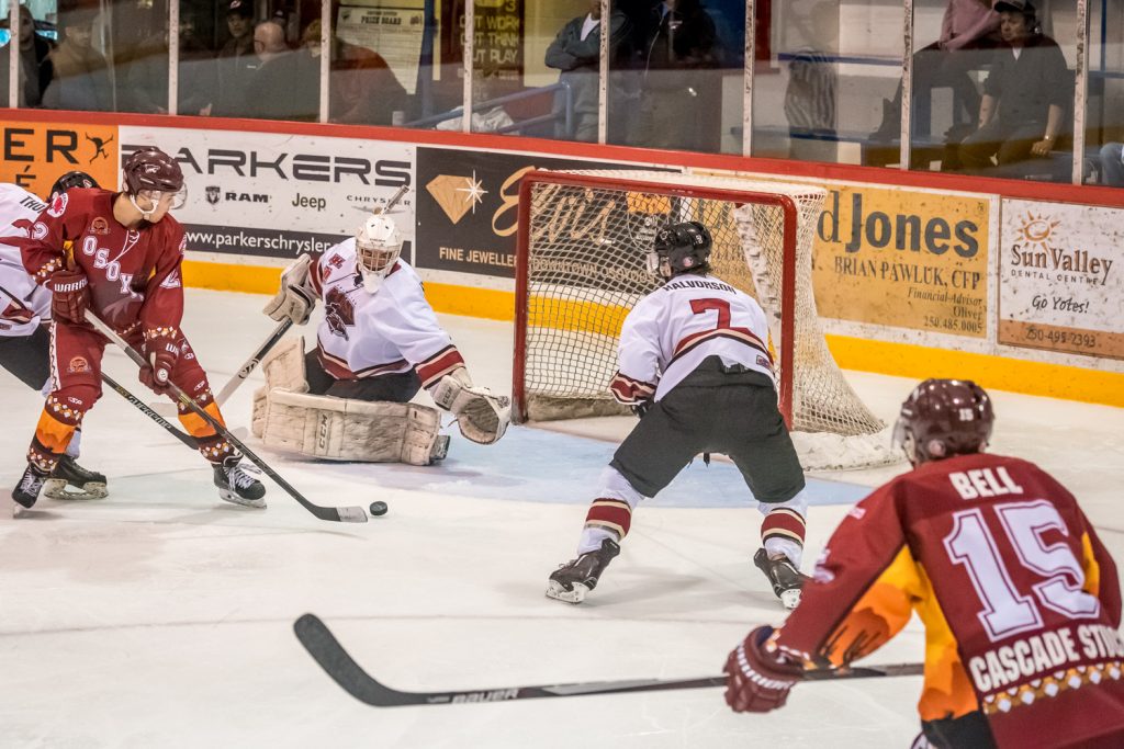 Austin Cleaver (left) had a good chance to score in the second period, but Princeton goalie Chandler Billinghurst landed on the puck and managed to thwart him. It didn't matter -- the Coyotes won last Saturday's game 8-0. (Richard McGuire photo)