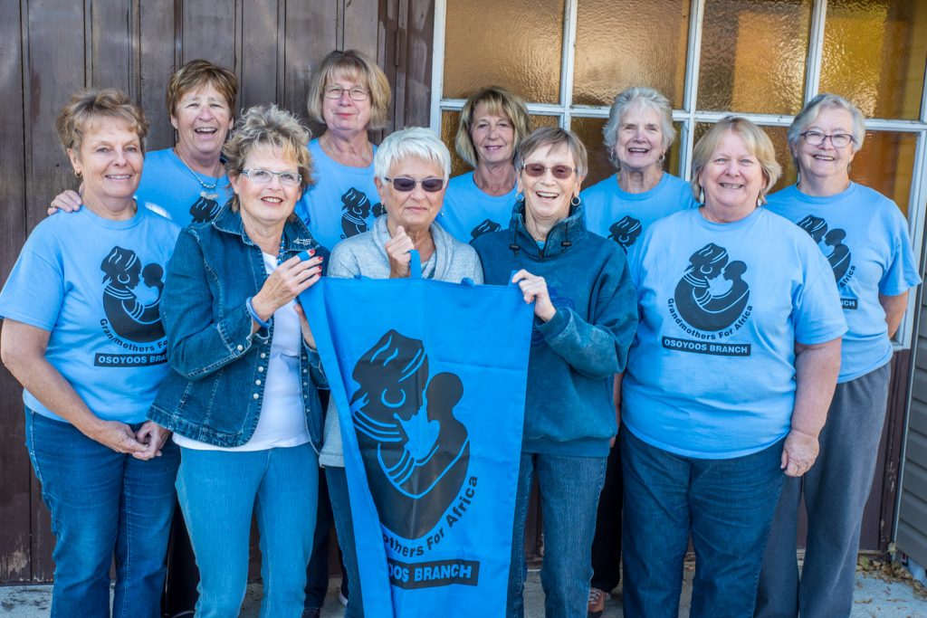 The Osoyoos Branch of Grandmothers for Africa meets the second Wednesday of each month at Osoyoos United Church. Front from left: Linda Paley, Olinda Elsasser,Jackie Gee and Linda McWhinnie. Back from left: Linda Sheehan, Elaine Taylor, Pam Herman, Jan Stene, Carol Bissonette and Audrey Wescott. (Richard McGuire photo)