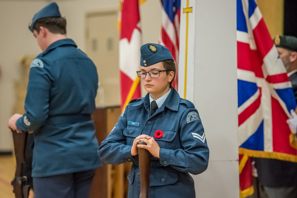 Members of the Royal Canadian Air Cadets Big Horn Squadron 232 stand guard during Friday's Remembrance Day servcie. (Richard McGuire photo)