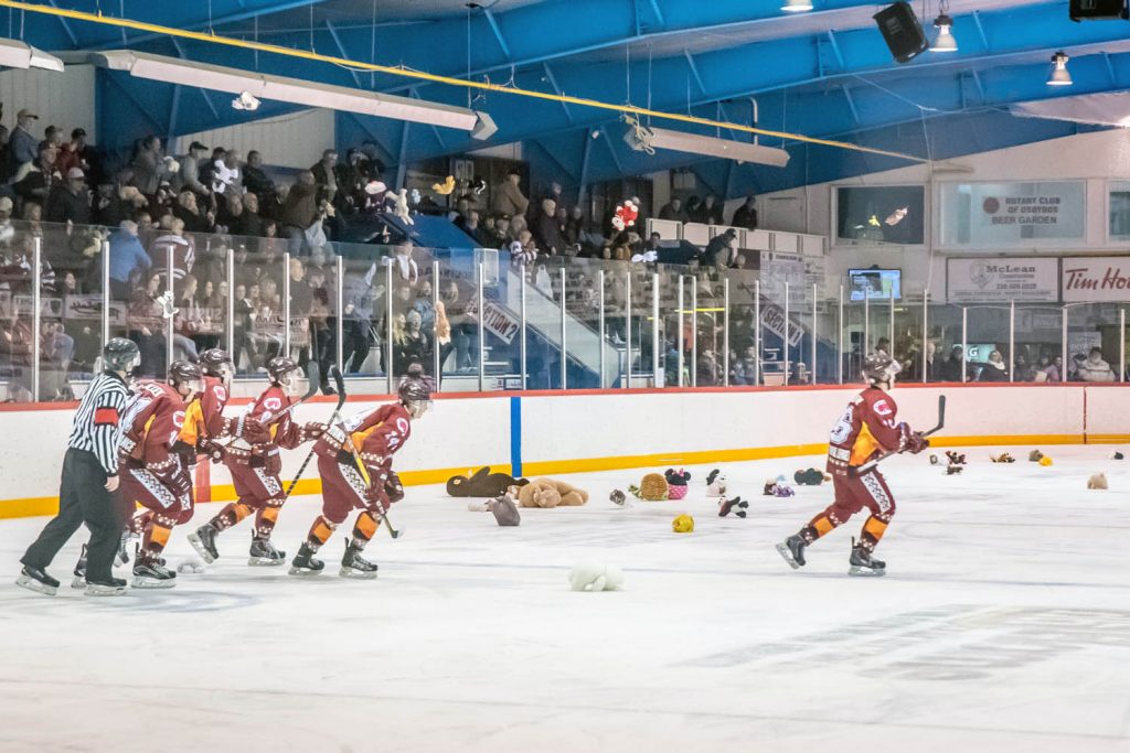 When Carter Robinson scored the Coyotes' first goal midway through the first period of Wednesday night's game, many fans threw toys onto the ice. It was all part of the Christmas Toy Toss. (Richard McGuire photo)