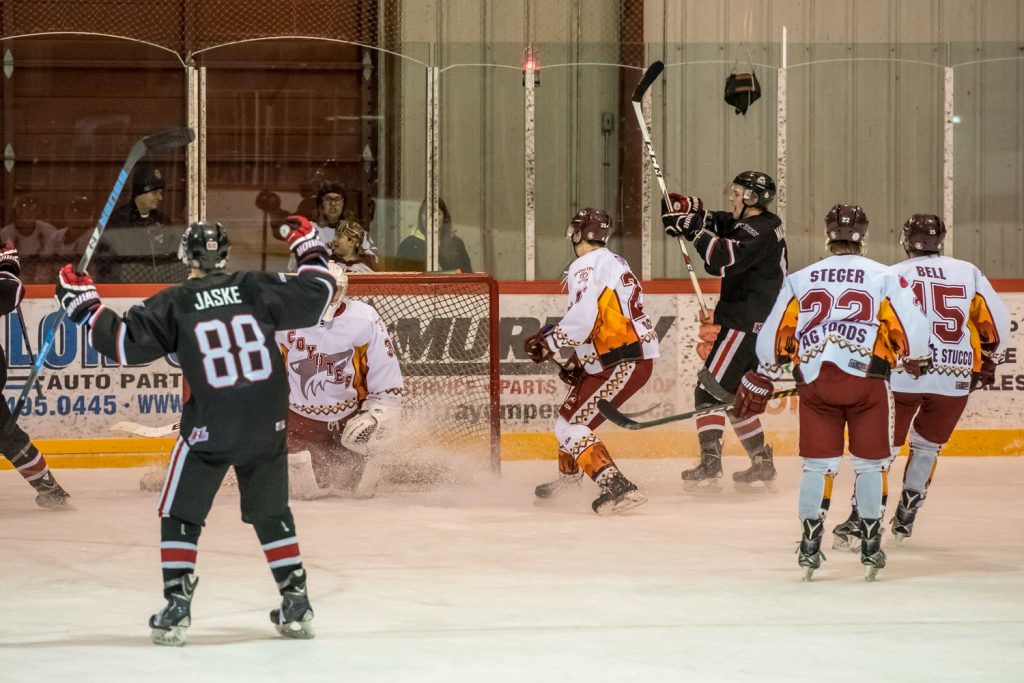 The Summerland Steam had lots to celebrate in the second period Friday as they scored three goals on top of the one they scored just 20 seconds into the game. The Coyotes bounced back in the third period, but the game ended 4-3 for Summerland. (Richard McGuire photo)