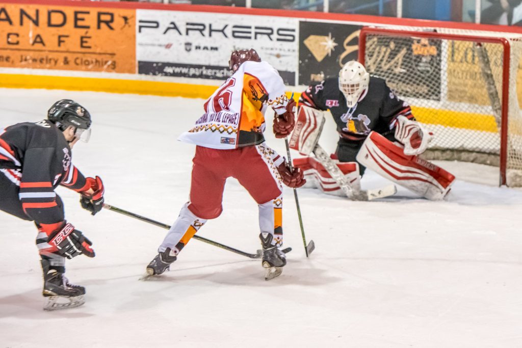 Carter Robinson had a scoring opportunity in the second period, but goalie Tanner Marshall and Defenceman Ty Dornn of the Chiefs managed to thwart him. (Richard McGuire photo)