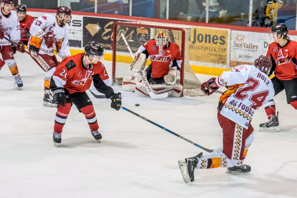 Tyler Holz fired a shot from an angle into the side of the net, putting the Coyotes ahead 4-2 in the second half of the second period Sunday. (Richard McGuire photo)