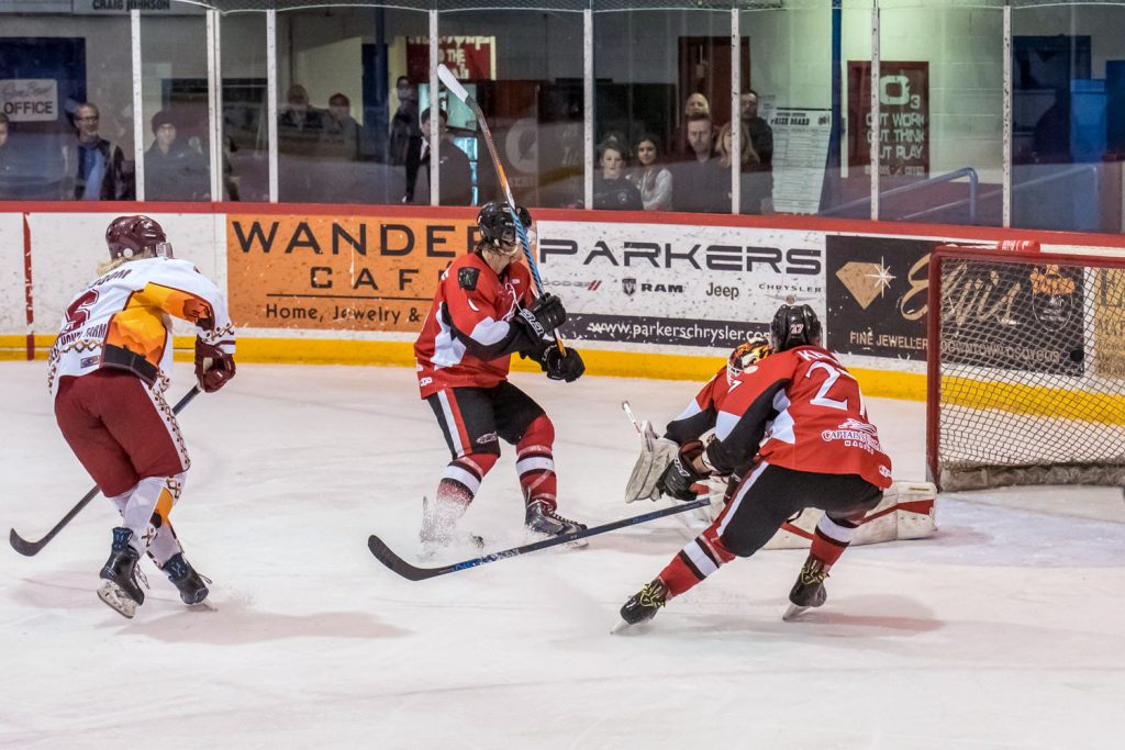 Ryan Roseboom scores 10 minutes into the second period of overtime to give the Osoyoos Coyotes a 6-5 victory Sunday night. They now lead Chase 2-0 in the best-of-five series. (Richard McGuire photo)