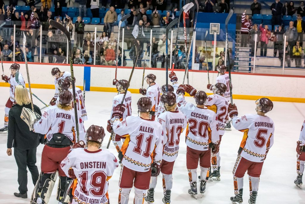 The Osoyoos Coyotes wave thanks and goodbye to fans before leaving the ice after their defeat in the fifith of their series against the Chase Heat. (Richard McGuire photo)