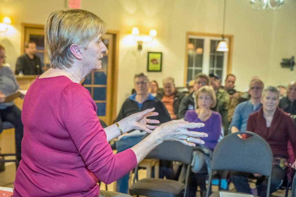 Linda Larson, the B.C. Liberal candidate and incumbent MLA, spoke to residents of the Anarchist Mountain community last Tuesday. The main topics of interest were healthcare and two-tier electricity rates, but Larson tried to avoid discussing electricity, instead bringing in FortisBC representatives to talk in her place. (Richard McGuire photo)