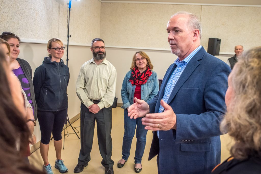 B.C. NDP Leader John Horgan speaks with local teachers at the end of his campaign stop at the Sonora Community Centre. (Richard McGuire photo)