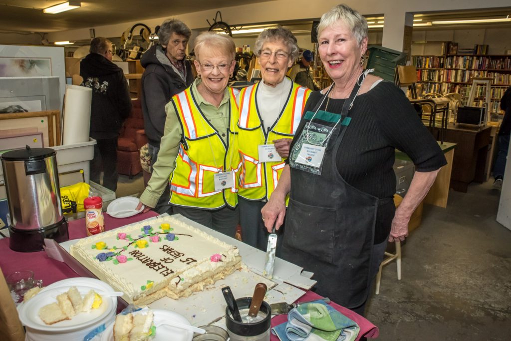 President Margaret Ogilvie, Vice President Pat Unger and Volunteer Valorie Paolera were among those celebrating the 15th anniversary of the Southern Okanagan Association for Integrated Community Living (SOAICL) Flea Market in Osoyoos on Saturday. (Richard McGuire photo)
