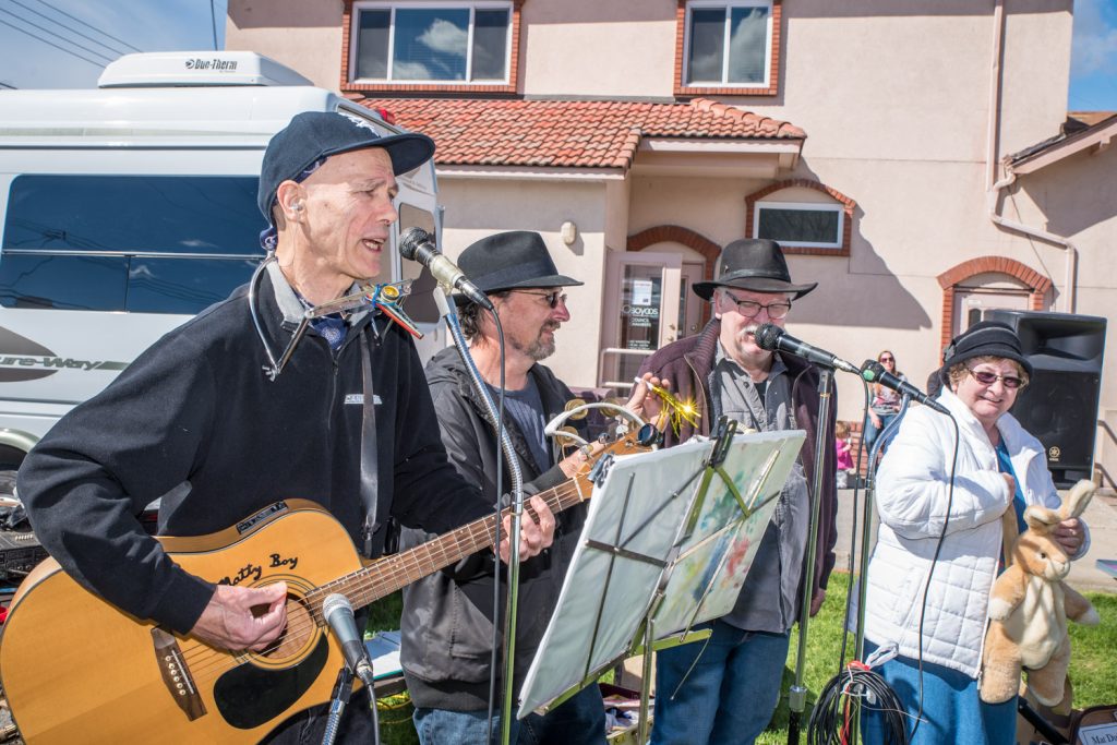 Matt Duffus (left) was back again to entertain this year at Easter Eggstravaganza. He brought some friends up from the audience to help out as he got people dancing to the old Bill Haley and His Comets song Shake, Rattle and Roll. (Richard McGuire photo)