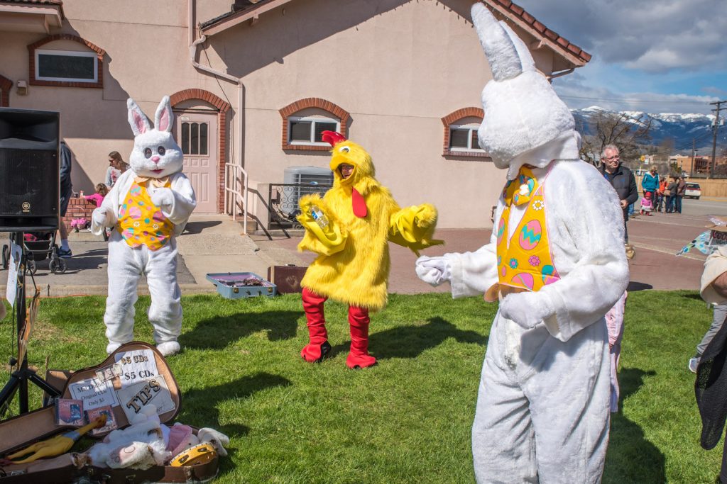 Two Easter Bunnies and and a chicken were among those up dancing as entertainer Mat Duffus played Shake, Rattle and Roll. (Richard McGuire photo)