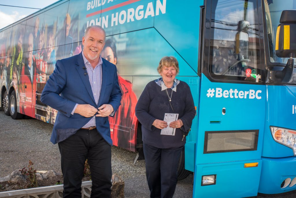 NDP Leader John Horgan made another visit to Boundary-Similkameen on Saturday. Pictured here, he accompanies an Osoyoos supporter to the advance poll. Horgan did a campaign event in Oliver earlier in the afternoon. Liberal Leader Christy Clark, the premier, was in Oliver last Tuesday. The attention from the two main party leaders indicates they believe that Boundary-Similkameen could go either way. Horgan was also in Osoyoos early in April. (Richard McGuire photo)